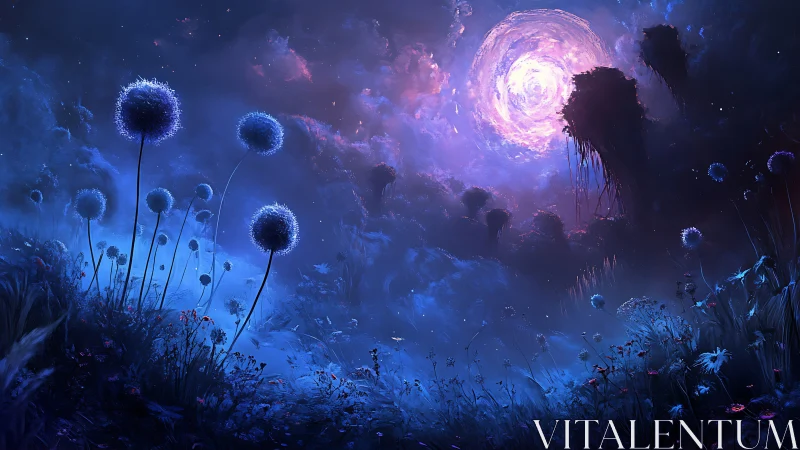 Bioluminescent meadow under vortex sky with deep blue atmospheric scattering