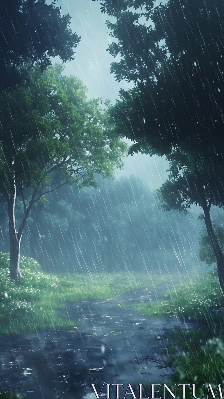 Forest stream under rainfall with trees and overcast sky.