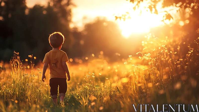Golden hour stroll of a child through glowing meadow fields.