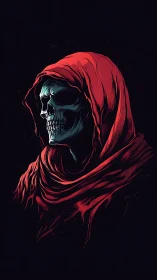 Hooded skeletal portrait in crimson cloak on deep black field