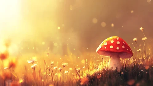 Backlit amanita mushroom in golden meadow bokeh at sunrise