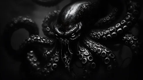 Eldritch cephalopod emerges from shadowy abyssal depths.