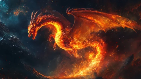 Infernal fire dragon coils through a burning cosmic storm