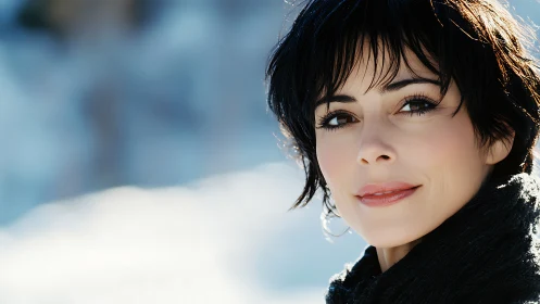 Woman With Short Black Hair Smiling Outdoors, Soft Focus Portrait.