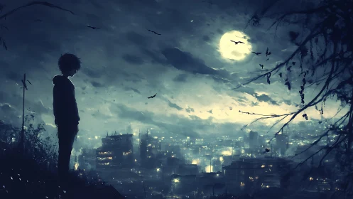 Lone silhouette watches moonlit city drowning in electric haze.