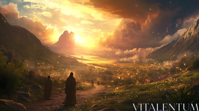 Pilgrims Wander Toward a Firefly-Drenched Dawn Valley.