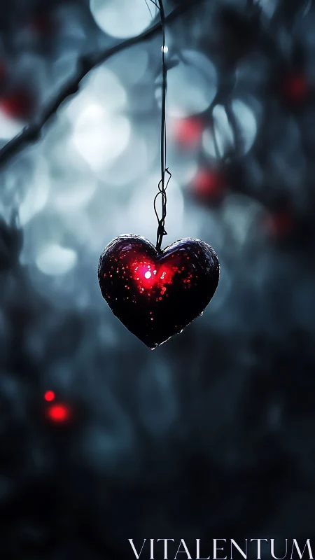Glowing heart suspended against dark bokeh backdrop.