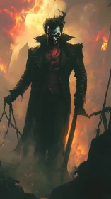 Mysterious trickster walks through firelit ruins at dusk.