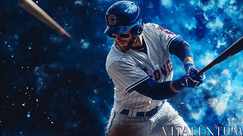 Dynamic baseball batter in motion with cosmic digital backdrop.