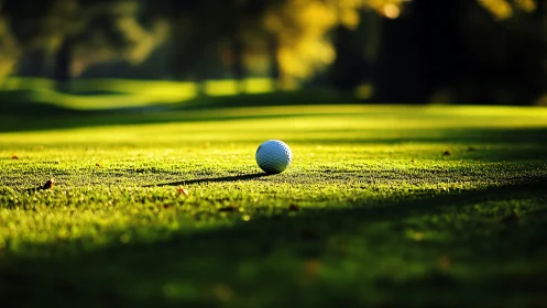 Sunlit golf ball rests on dewy fairway in shallow focus study