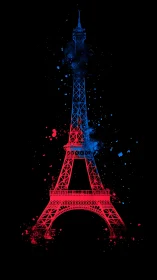 Paris tower in electric red and blue night splashes.