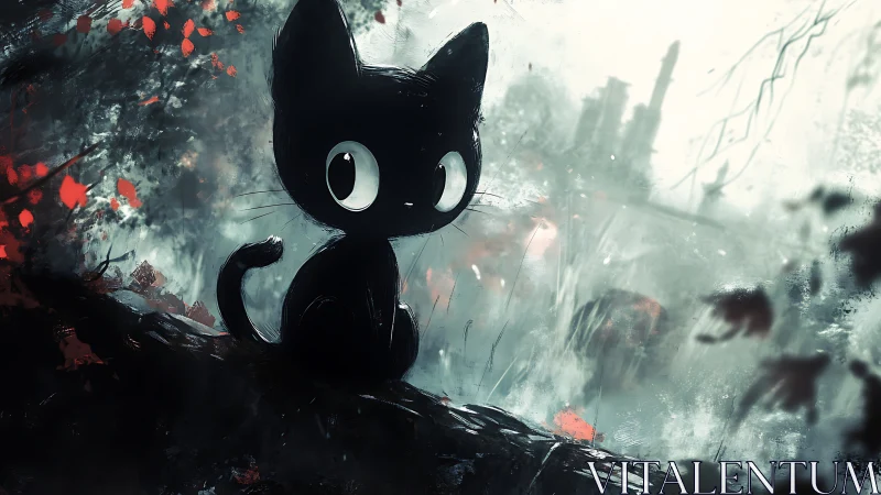 Solitary Black Cat in Ethereal Mist: Digital Fantasy.