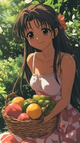Anime girl in dappled garden light carrying detailed wicker fruit basket