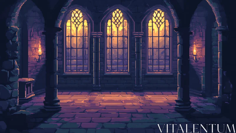 Medieval stone hall glows under golden pixel sunset.