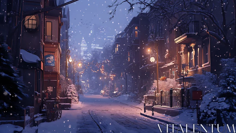 Snowy old town street glowing under warm festive lanterns.