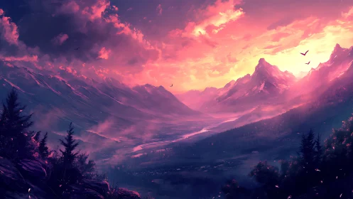 Vibrant digital sunset over dramatic mountain valley.