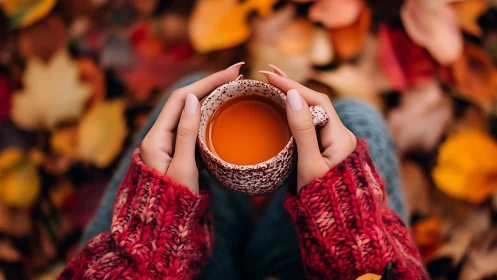Autumnal hands cradle speckled mug amid defocused foliage geometry.