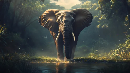 Solitary elephant standing in lush misty jungle clearing.