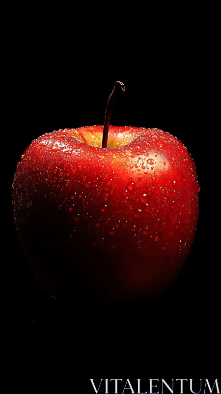 Glossy red apple with water droplets on black background.
