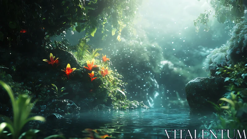 Luminous jungle pool with volumetric light and bioluminescent motes