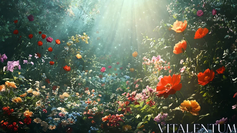 Luminous Garden: Vibrant Flower Field Bathed in Golden Sunlight.