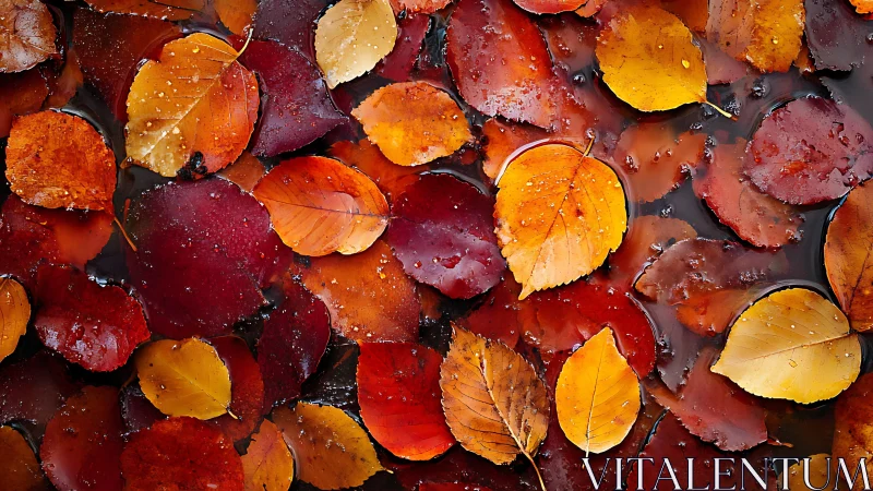 Wet autumn leaves in vivid red, orange and yellow tones.