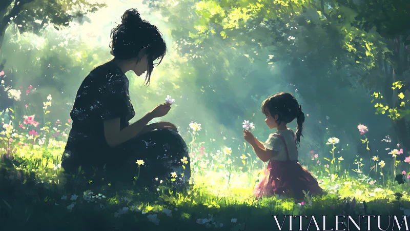 Mother and child share quiet wonder in a sunlit meadow.