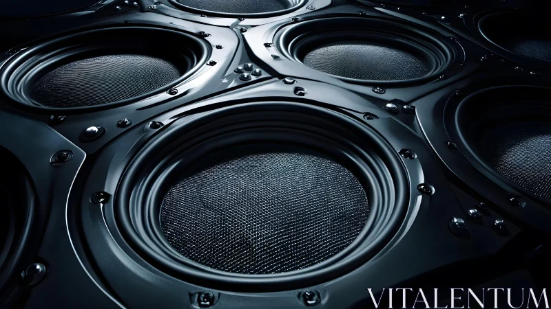 Close-up of Multiple Black Subwoofers in Dramatic Lighting.