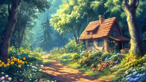 Sunlit forest cottage with flower-lined dirt path in summer light