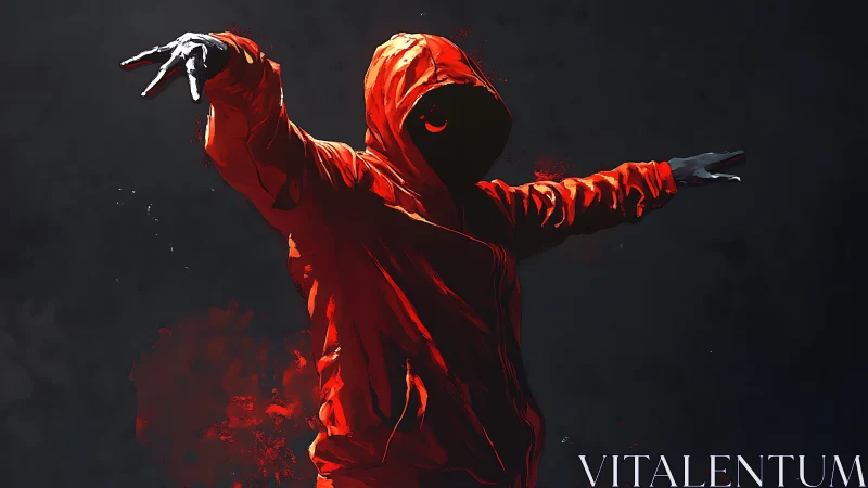 Hooded silhouette in crimson coat stretching into darkness.