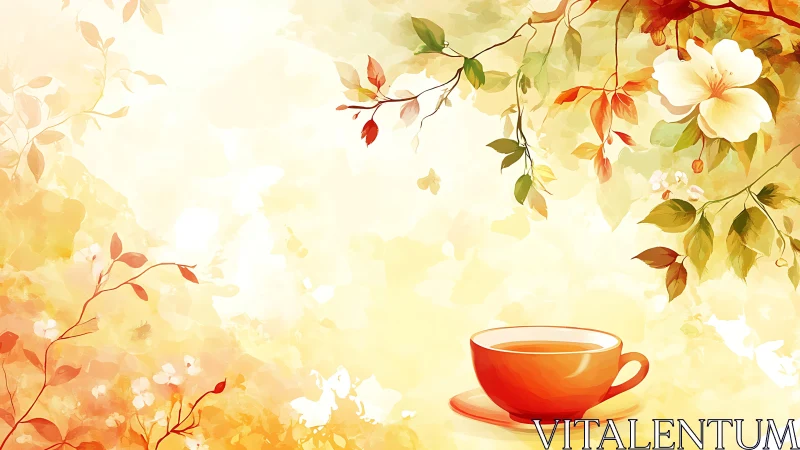Amber morning teacup beneath drifting watercolor leaves.