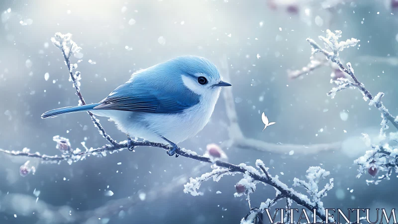 Blue songbird on frosty branch in dreamy winter illustration.