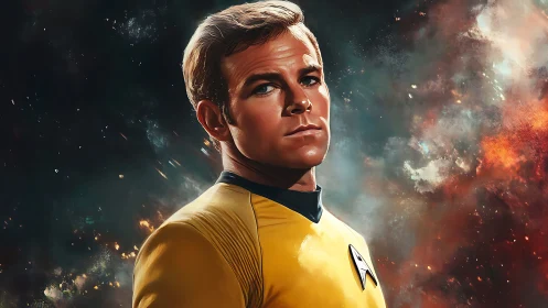 Starfleet officer gazing ahead through swirling cosmic light.