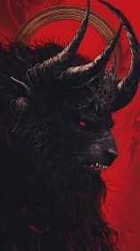 Demonic horned beast profile rendered with intricate linework and halo