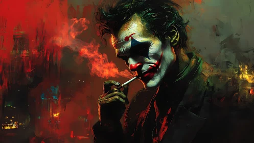 Clown-masked smoker in abstract urban night backdrop.