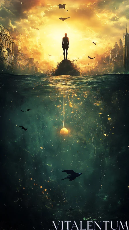 Silhouette over flooded city beneath glowing cosmic sky.