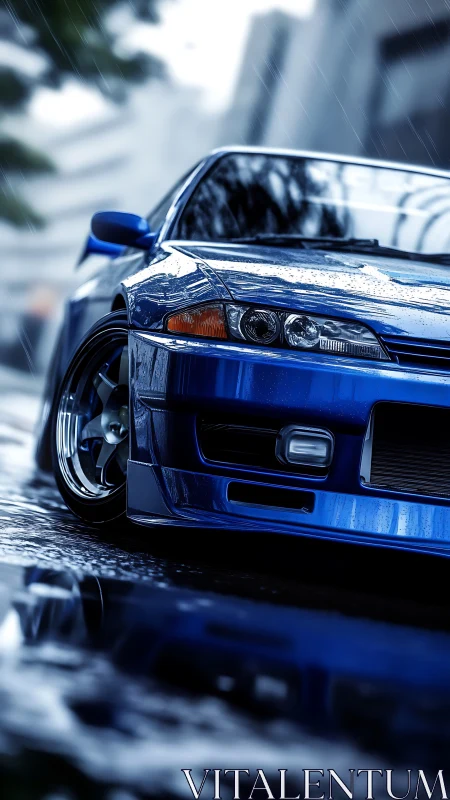 Blue sports coupe is parked on wet urban street in rain