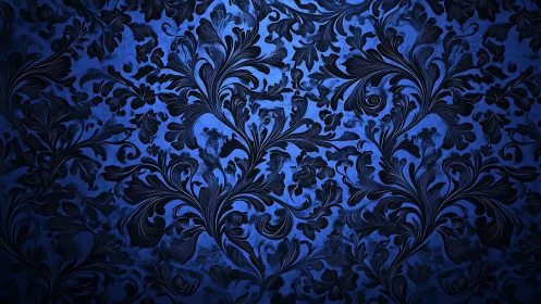 Ornate dark floral damask pattern over luminous blue background