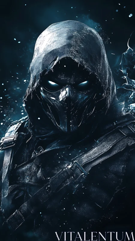 Hooded armored figure with glowing eyes in icy particles.