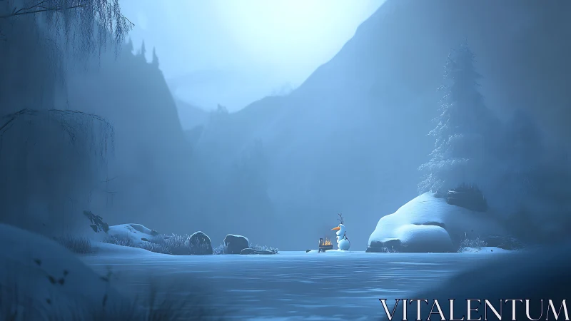 Snow-covered valley landscape isolates a cartoon snowman by fire