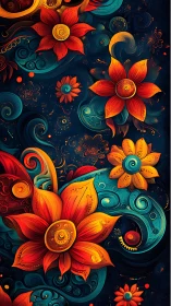 Vibrant swirling floral abstraction in fiery complementary hues.