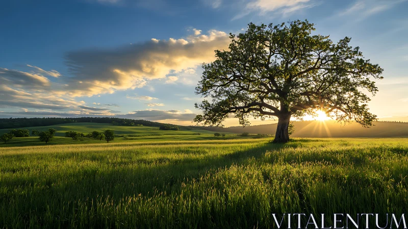 Solitary oak anchors sunlit meadow under low evening clouds