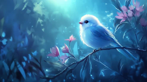 Moonlit fluffbird perches in a glowing blue blossom grove.
