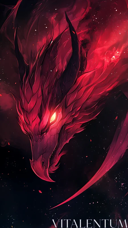 Crimson nebula dragon head with glowing ember eye in void