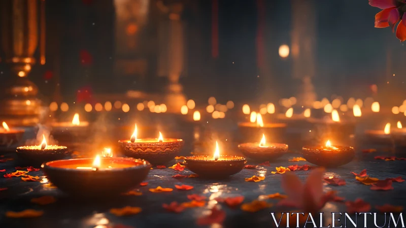 Diwali oil lamps glowing over petals in soft bokeh haze.