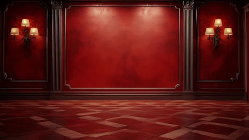 Opulent red gallery wall glows with warm vintage sconces