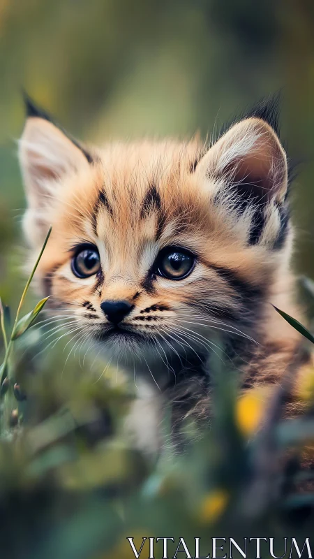 Close view of young wild kitten in soft outdoor foliage.