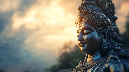 Sunlit serenity crowns the ornate twilight deity sculpture