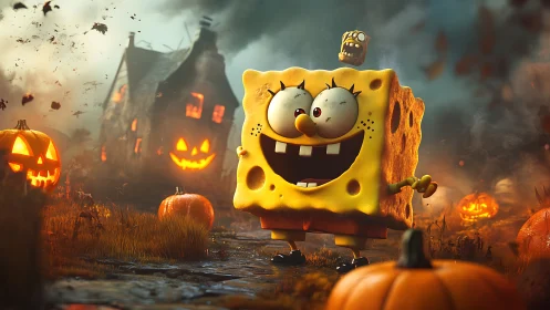 3D cartoon sponge character in eerie Halloween pumpkin graveyard
