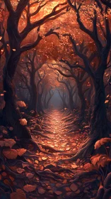 Luminous Forest Corridor: Autumn Canopy with Radiant Pathway.